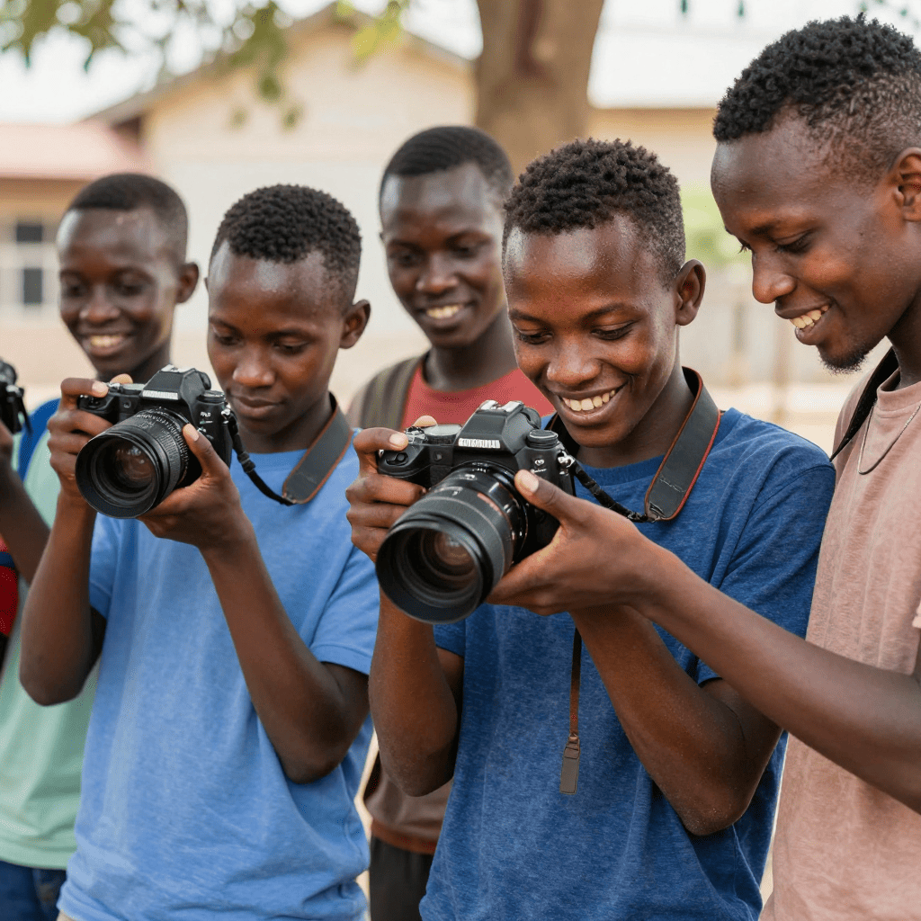 African youth filming with smartphone